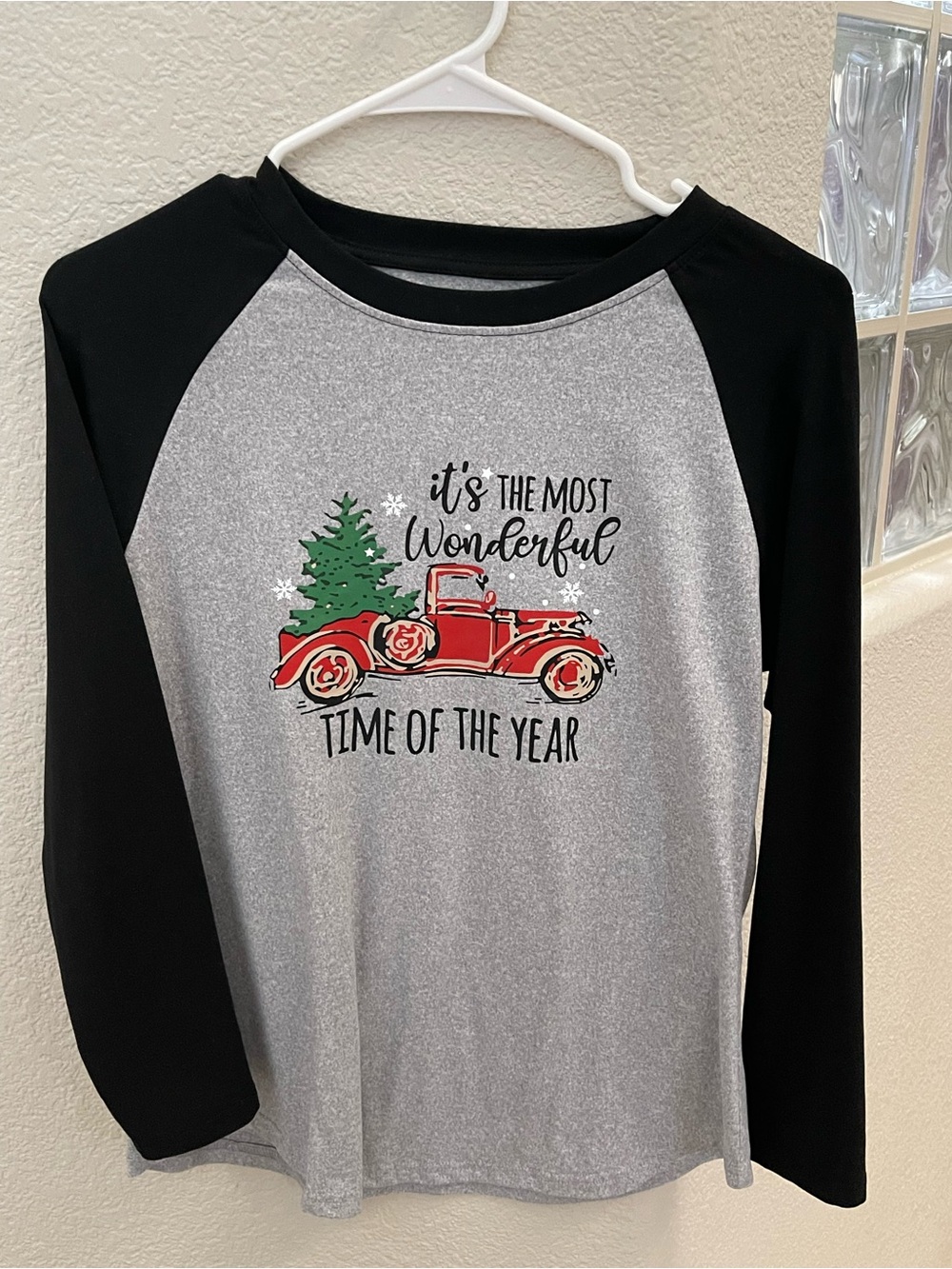 SHEIN Black & Gray Raglan Holiday Tee with Red Truck Graphic